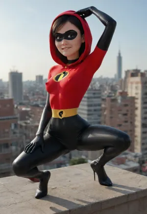 Violet Parr from Incredibles, 18 years old, beautiful face, ((spider-girl outfit)), outfit has hood and gloves, (very narrow waist:1.4), athletic body, skinny body, petite, erect nipples, (dynamic pose:1.5), arched back, armpit, hand on crotch, (horny eyes), (biting lip:1.5), bright sunshine, roof of modern high building, crouching, side view