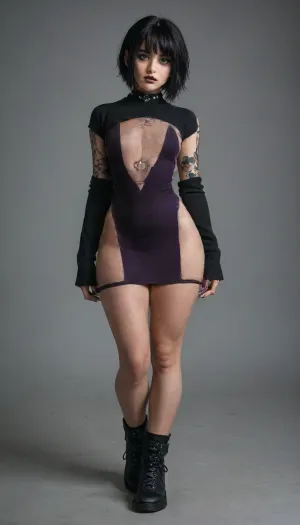 very short flat chested emo womn age 50, long pedunculated nipples, lots of tattos, full body view, large thighs, large hips, tiny waist, wearing bodycon purple dress, 1girl, emo, girl, <lora:2010s_Emo_Style_XL:1>