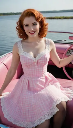 A vintage scene featuring a young woman with curly red hair sitting inside a classic pink car parked near a body of water. She is wearing a pink and white checkered dress with a flared skirt, black sheer thigh-high stockings with lace tops, and black high heels. She has a cheerful, relaxed expression with her eyes closed and a bright smile, enjoying the sunny day. The background shows a calm water body with a clear blue sky and some distant land or shoreline. The scene exudes a nostalgic, pin-up style vibe with vibrant colors and a joyful, carefree atmosphere.