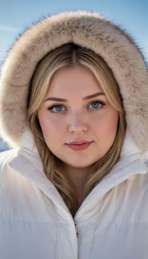 A obese woman wearing a thick white anorak with a fur-trimmed hood. The hood is up. Rosy cheeks, a round face, chubby cheeks, dubble chin, full face, bright grey eyes, blonde straight hair, bangs, light makeup, soft smile, a sunny winter day with a low sun, clear air, and a blue sky dotted with orange clouds., (((massive bust))), deep cleavage