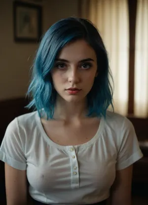 ((ultra realistic 8k)), (photorealistic), (vintage polaroid), picture-perfect face, ((realistic face)), masterpiece, best quality, scene girl, indie sleaze, henley shirt, blue hair, raised shirt, short black skirt