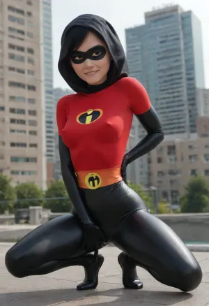 Violet Parr from Incredibles, 18 years old, beautiful face, ((spider-girl outfit)), outfit has hood and gloves, (very narrow waist:1.4), athletic body, skinny body, petite, erect nipples, (dynamic pose:1.5), arched back, armpit, hand on crotch, (horny eyes), (biting lip:1.5), bright sunshine, roof of modern high building, crouching, side view