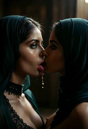 (full body view), 2girls, intimate, forbidden, romantic, erotic, sensual, lesbian kissing, horny, 25yo Persian woman, face-covered, beautiful, dark Persian skin tone, bright piercing blue-green eyes, wears a black burkha, large teardrop-shaped breasts, wide darke areola, long erect nipples, licking, each, other's, tongues, kissing, other, on, the, lips, <lora:Super_Eye_Detailer_By_Stable_Yogi_SDPD0:.5>, <lora:DetailedEyes_V3:.9>, <lora:dark:.4>, <lora:MJ52:.8>, <lora:kissing_v2:.8>