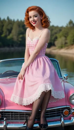 A vintage scene featuring a young woman with curly red hair sitting inside a classic pink car parked near a body of water. She is wearing a pink and white checkered dress with a flared skirt, black sheer thigh-high stockings with lace tops, and black high heels. She has a cheerful, relaxed expression with her eyes closed and a bright smile, enjoying the sunny day. The background shows a calm water body with a clear blue sky and some distant land or shoreline. The scene exudes a nostalgic, pin-up style vibe with vibrant colors and a joyful, carefree atmosphere.