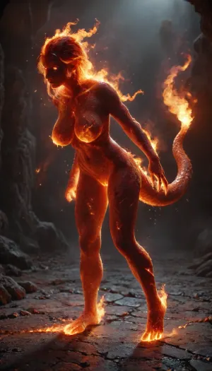 Fire Naked woman with a lizard tail standing, completely covered in silvery scales, large breasts, her breasts are tight and hanging to the floor, the woman is naked. She has a lizard tail, the tail is as long as her body. The tail is raised up. It is covered with scales, the skin is covered with scales, the woman fire has scaly skin the scales are ashy silver, (correct tail positioning), (no missing limbs), (han, yu, long, huang\), fire, that, looks, like..., firecd_xl, ral-embrglt, <lora:SG2:2>, <lora:Aether_Fire_v1_SDXL_LoRA:2>, <lora:firecd_xl-000017:2>, <lora:ral-embrglt-sdxl:2>, DonMF1r3y4by55XL, <lora:DonMF1r3y4by55XL:.8>