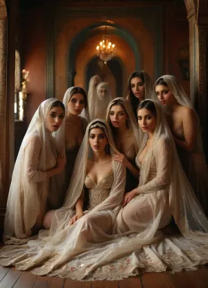 (create a five person scenario with the entire bodies in frame:1.5), in a lavish, historically inspired ancient Eastern harem, full body view of four beautiful, (half-veiled faces with elaborately embroidered harem veils:1.8), (harem veils covers nose and mouth:1.8), harem women with gold and gemstones jewelry, each unique in appearance and sexually needy expression, perfect hands, (they desperately want to be fucked by the viewer at any cost:1.4), (presenting a slutty lesbian orgy performance:1.4), (lesbian orgy:1.7), (gasping pussy:1.6), (hair pulling:1.5), (hitting:1.6), (pleasurable pain:1.7), (anilingus:1.4), (licking:1), (kissing:1), (consuming gaze towards the viewer:1.7), (maximum photo quality:1.4), (maximum resolution:1.5), fingering, pussy, <lora:MJ52:.6>, <lora:Super_Eye_Detailer_By_Stable_Yogi_SDPD0:.3>, <lora:BUT_SDXL_SHS:.3>, <lora:Italian_girl:.8>, <lora:2FingersSDXL_v03:1.4>
