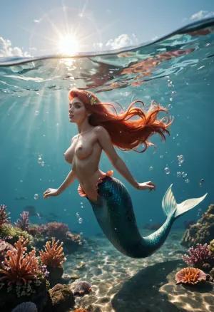 Ariel from "The little mermaid", swimming in a bottomless ocean, mermaid tail, under the surface, long hair floating, bubbles, sunrays. Thick body, eye contact.
Low angle.
Cinematic lighting, backlight., <lora:detailed_notrigger:.8>