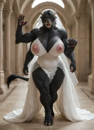 Charr bride is very excited, (Charr anthro furry female, extremely muscular, massive breasts, huge furry body, milf, furry hands, furry paws, tail, black body furr, huge nipples, no skin only furr, (wedding dress:1.2), multiarms, four arms, seductive, blushing, lustful, horny, running, erect nipples, wide hips, looking at viewer), on orbital station, volumetric light, high resolution, anatomically correct, detailed, realistic, masterpiece
