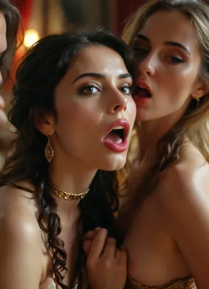 create a five person scenario in a lavish, historically inspired ancient Eastern harem, four beautiful joyful veiled harem women, each unique in appearance and expression, (they desperately want to be fucked by the Sultan at any cost:1.2), (presenting a slutty lesbian groupsex performance:1.4), (lesbian groupsex:1.7), (dynamic wild sex:1.6), (hair pulling:1.5), (hitting:1.6), (pleasurable pain:1.7), (anilingus:1.4), (licking:1), (kissing:1), (consuming gaze towards the viewer:1.7), (maximum photo quality:1.4), (maximum resolution:1.5), <lora:MJ52:.6>, <lora:Super_Eye_Detailer_By_Stable_Yogi_SDPD0:.3>, <lora:BUT_SDXL_SHS:.3>, <lora:Italian_girl:.8>