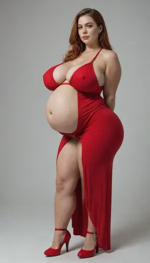 very short bbw shrek type pawg woman, huge hips, huge thighs, very thin waist, pregnant, ((extra saggy east west type breasts)), very long red straight coloured hair, legs wide apart, very huge huge soft flabby belly hanging down between her legs, doing star jumps, wearing high heels, wearing tight red maxi dress that covers her lower body