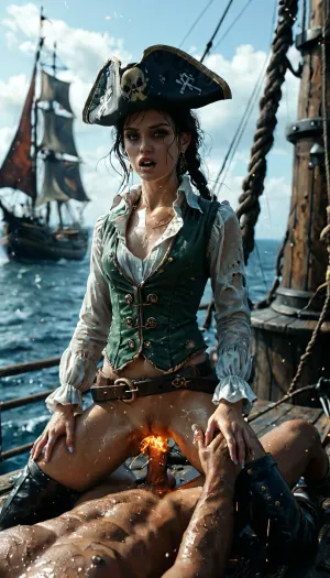 1girl, 1man, beautiful flat-chested, (Diana from warcraft), getting anal fucked by old gigantic male pirate captain, (Diana is an incredibly beautiful woman with a slim and athletic build), (she wears somewhat revealing clothes, consisting of a white blouse with seperate long sleeves, with a dark green vest that reveals her abdomen, black bell-bottom pants, black high-heeled boots and wears a black pirate hat on her head), (in front of an old harbor bar in a dark alley), (exploding pirate sailing ships in the background:1.6), (pirate harbor:1.4), (old male pirate captain), anal sex, anal penetration, deep anal, cumming, heavy rain, night, storming, action pose, random view angle, huge explosion in harbor background illuminates brightly the body of the sexy pirate, wet, wet clothes, wet skin, wet hair, PiRe, sea, ship, creatures, adventure, Explosion, Artstyle, <lora:MJ52:.5>, <lora:Pirate Ship Concept Art (VW Style)_epoch_10:.3>, <lora:dark:.1>, <lora:Explosion Artstyle - Trigger is Explosion Artstyle:1.1>