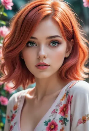 Anime-Mädchen im Stil von Pop Art, digitale Malerei, weicher Fokus, leuchtende Farben, strahlendes Licht, hohe Auflösung, Charakterdesign, rotes Haar zusammengebunden mit Blumen, in einem übertrieben niedlichen, rosa Dienstmädchen-Outfit, große Augen, unschuldiger Ausdruck, Detailreichtum, Nahaufnahme, neutraler Hintergrund, Ästhetik des Kawaii, vertikale Komposition. /©KlTTY-ART/