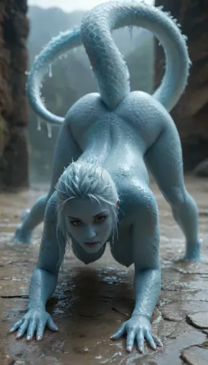 Ice Naked woman with a lizard tail standing on all fours, completely covered in silvery scales, large breasts, her breasts are tight and hanging to the floor, the woman is naked on all fours. She has a lizard tail, the tail is as long as her body. The tail is raised up. It is covered with scales, the skin is covered with scales, the woman ice has scaly skin the scales are ashy silver, (correct tail positioning), (no missing limbs), (han, yu, long, huang\), dragon, Ice_Water_Fantasy, <lora:ice_dragon_xl_v1:2>, <lora:hanyulonghuangXL:2>, <lora:Ice:2>, <lora:SG2:2>, <lora:Ice_Water_Fantasy:2>