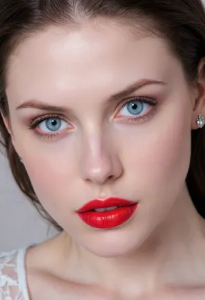 (27yo), , (tight face closeup, focus on eyes:2), , (mesmerizing pale blue eyes, shocking red lipstick, glistening lips, moist lips, flawless pale porcelain skin, limbal ring:1.8), , (alexdadd, alexandra, alexandra daddario:1.6), , (dark hair, long silky hair, elegant hair, dark eyebrows:1.4), , (cozy bedroom), , (oversized expressive eyes, innocent doe eyes, heart shaped face, high cheekbones:1.2), , (soft flirty smile, full lips, soft lips, cupid lips, cupid bow lips, lips parted:1.4), , (huge breasts, heaving breasts, soft breasts, cleavage, intricate lacy lingerie:1.4), , (short depth of field, soft bokeh, layered composition), , Stable-Yogis-Makeup-Enhancer-XL, <lora:alexdadd:1.8>