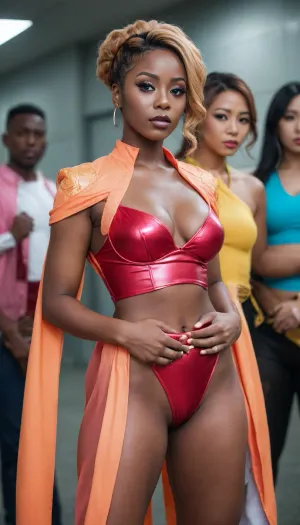 kpop hero cosplay, dark skin milf gang
