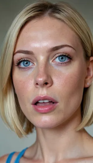 1girl, average height, french, bob cut blonde hair, 37 years old, thin, slim, solo, blue eyes, perfect eyes, realistic, freckles, lick her lips by her tongue