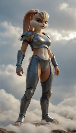 (Furry Lola_Bunny:1.3), she is female Thor, throwing lightning bolts, standing on a cloud, angry, empty eyes, metal armor