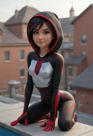 Gogo Tomago from Big Hero 6, 18 years old, beautiful face, ((spider-girl outfit)), outfit has hood and gloves, (very narrow waist:1.4), athletic body, skinny body, petite, erect nipples, (dynamic lewd pose:1.4), arched back, (horny eyes), bright sunshine, roof of modern high building, kneeling leaning forward, side view