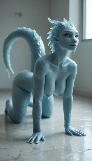 Ice Naked woman with a lizard tail standing on all fours, completely covered in silvery scales, large breasts, her breasts are tight and hanging to the floor, the woman is naked on all fours. She has a lizard tail, the tail is as long as her body. The tail is raised up. It is covered with scales, the skin is covered with scales, the woman ice has scaly skin the scales are ashy silver, (correct tail positioning), (no missing limbs), (han, yu, long, huang\), dragon, Ice_Water_Fantasy, <lora:ice_dragon_xl_v1:2>, <lora:hanyulonghuangXL:2>, <lora:Ice:2>, <lora:SG2:2>, <lora:Ice_Water_Fantasy:2>