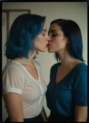 ((ultra realistic 8k)), (photorealistic), (vintage polaroid), picture-perfect face, ((realistic face)), masterpiece, best quality, (2 scene girls), indie sleaze, henley shirt, blue hair, short black skirt, (lesbian, kissing)