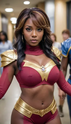 kpop hero cosplay, dark skin milf gang