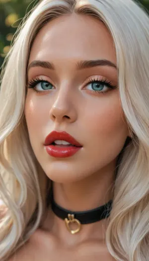 (((close-up face:1.8))), score_9, score_8_up, masterpiece, 1girl, 18 year old, playful teasing gaze, perfect face, full heavy makeup, huge eyes, dark red lipstick, open mouth, very long wavy white hair, (reiq style:1), standing, ((nude tits:1)), wide latex choker, sunshine in the park, tan skin, perfect body, perfect huge breasts, thin waist, perfect eyelashes, blush, <lora:sdxl_photorealistic_slider_v1-0:2>, <lora:attractive_notrigger:2>