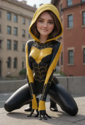 Honey Lemon from Big Hero 6, 18 years old, beautiful face, ((spider-girl outfit)), outfit has hood and gloves, (very narrow waist:1.4), athletic body, skinny body, petite, erect nipples, (dynamic pose:1.4), arched back, hand on crotch, (horny eyes), (biting lip:1.5), bright sunshine, roof of modern high building, crouching, side view