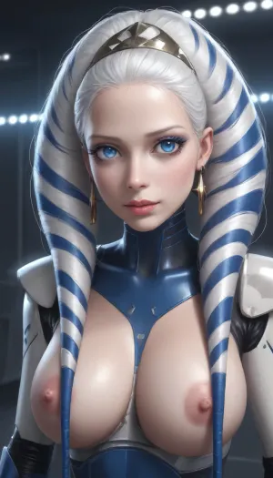 female robot, white suite with blue strips, robotic suite, Star Wars, gigantic tits
