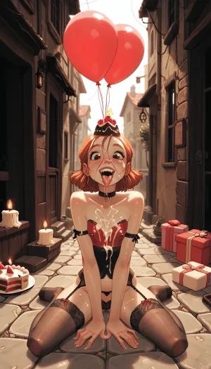 (Jack Cayless art style), redhead 20 yo girl, brown eyes, ecstatic terror with flushed cheeks, a satin garter belt with stockings, bare shoulders, unhealthy blush on face, man receiving deep throat blowjob from her, cock fully in her mouth, cum overflowing, drool everywhere, cum dripping onto breasts, extremely webbed saliva threads, tears mixing with sweat, flat chest, head tilted back against wall, dark alleyway, night, (cartoon), tooned, cartoon, low color palette, painted, illustration, made in illustrator, no gradients, Incase style, concept, retro, futuristic, flat colors, masterpiece, choker on the neck., realistic lighting, ultra high resolution, clear focus, depth of field, 32k, 30 mm lens, 1/250 s, f/2.8, ISO 300, UHD 8K, high resolution face, score_9, score_8_up, score_7_up, score_6_up, (j_cartoon:1.5), Drawing, full body view, happy, birthday, solo, cake, candle, balloon, gift, Anchemix, house, realistic, <lora:cartoon_stickers_xl_v1:1.4>, <lora:ahxl_v1:.8>, <lora:checkpoint-e18_s594:1.7>, <lora:futanari_XL:1.6>, <lora:Anchemix realistic house SDXL V10:.8>
