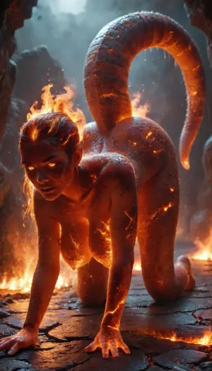 Fire Naked woman with a lizard tail standing on all fours, completely covered in silvery scales, large breasts, her breasts are tight and hanging to the floor, the woman is naked on all fours. She has a lizard tail, the tail is as long as her body. The tail is raised up. It is covered with scales, the skin is covered with scales, the woman fire has scaly skin the scales are ashy silver, (correct tail positioning), (no missing limbs), (han, yu, long, huang\), fire, that, looks, like..., firecd_xl, ral-embrglt, <lora:SG2:2>, <lora:Aether_Fire_v1_SDXL_LoRA:2>, <lora:firecd_xl-000017:2>, <lora:ral-embrglt-sdxl:2>, DonMF1r3y4by55XL, <lora:DonMF1r3y4by55XL:.8>