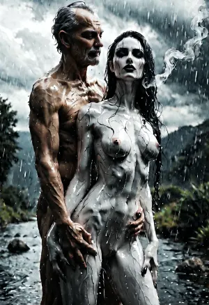 (create a two-person scenario:1.4), (a 69 years old playful devote woman:1.4), being dominated and is overpowered from behind by, (a 60 years old man:1.6), skinny figure, (submissive slut:1.3), obeys his commands, (create different fulfilling sexual desires:1.4), pulled hair, outside, wet bodies, perfect faces, perfect hands, heavy rain, ultra-sharp details, realistic skin texture, refined contrast, 8k detail, authentic facial expression, clean composition, (maximum photo quality:1.4), (maximum resolution:1.5), delicate face, (perfect lit pussy:1.4), wet body monsoon rain, cloudy, smoke, atmospheric, clouds, Black, and, white, art, black, shading, charcoal, toned, brutal, dark, b/w, color, scheme, <lora:Modern_Werewolf:1.8>, <lora:Black and white art.V1:1.9>, <lora:dark:.1>, <lora:pouring_rain_XL:.8>