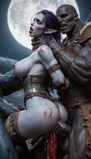 ((female drow elf barbarian, (dark night blue skin:1.82), tall, angry, busty, curvy, thin waist, big boobs, big butt, slim, fit, vitiligo, strong, fur pelt armor, dungeons and dragons, purplish blue skin, black and purple hair)), Dark, Elf, Warrior, Drow, tattooed, scarred, purple eyes, blue skin, amazon, giant, fur barbarian armor, bloody, blood spatter, bear, bear heart, (in a bloody filed after a battle, white full moon in the sky:1.4), (man is choking her from behind:1.4), ((hogtied, bound with large chains, tied to a torture table:1.3)), cock in mouth, (brutal face fuck), Blowjob, (tears in eyes:1.5), (running makeup), (cum drips from nose:1.3), (cum drips from mouth:1.3), ultra hd, photorealistic, hyper gigantic large black cock in mouth, (((hyper gigantic large black cock in mouth:1.3))), oral cream pie, hair grab, sad, sad crying, tongue out, gasping for air, zavy-brbrn, gangbang, double anal penetration, anal spitroast, groupsex, deepthroat, (4 gigantic African black brute thug, huge trunklike arms, huge head, hyper muscular body, dressed in slave clothes:1.36), (gigantic African black brute thug, gangbang, double anal, anal spit roast, double penetration:1.14), ((hogtied, bound for sex, tied up)), (((hyper gigantic large white cock in mouth:1.3))), (pulled nipples:1.2), nipple clamps, (((spit roast))), (((hyper large cock in mouth:1.3))), screaming, shocked, deep anal penetration, Uber realistic, 8k, ultra detailed, masterpiece, 35mm photograph, film, professional, 4k, 1girl, 5 boys, hdr, photographic, ultra realistic, ultra high details, back light, (front view), (dynamic pose), best quality, anal sex, with large muscular black men, gargantuan black cocks, anal sex expansion, large hyper muscular fat old men, (double anal sex), swollen white veiny cocks, (double anal penetration), hardcore double penetration, proper physics, big white cocks, muscular white double anal gangbang, (forceful penetrations), extremely graphic, shocked expression, beautiful hands, massive cum in ass defeating a woman in combat, fighting, killing, blood, winning fight, magazine cover, Realism_Quality_2xx_By_Stable_Yogi, score_9, score_8_up, score_7_up, (((very pretty face:1.3))), (((extremely ultra detailed face:1.3))), perfect fingers and hands, upper body view, (extreme size difference:1.6), (ultra realistic), (maximum quality), (high resolution), (extreme detail), (ultra realism), UHD, super high quality, highly detailed, high resolution, perfect lighting, natural lighting, (dynamic angle), (random angle), (random pose), (dynamic view), (random view), volumetric lighting, golden hour lighting, dramatic shadows, nature-inspired color palette, <lora:Dark_Elf_Warrior:2>, <lora:Drow:2>, <lora:zavy-brbrn-sdxl:2>, <lora:LCMTurboMix_Euler_A_fix:2>