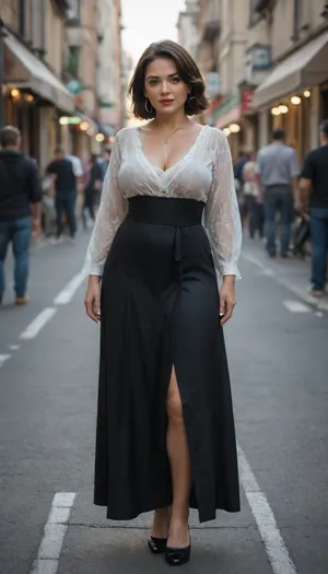 35 year old milf, standing on the street, woman fully clothed, riot in the background