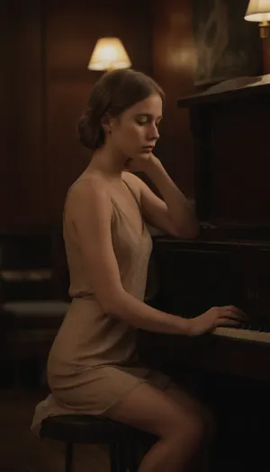 A real human girl, clearly 18- years old, alone in a smoky jazz club, neutral Scandinavian appearance, fair skin with a warm indoor glow, slim elegant body with soft curves, narrow shoulders, long neck. Her face is ultra-realistic with natural imperfections, subtle under-eye shadows, lightly defined lips, and a distant, tired expression, she looks very sad and introspective, eyes half-lidded and unfocused.

She wears a late-1920s inspired sleeveless silk dress with a loose, straight fit, slightly shimmering fabric, modest neckline, and hemline at the knees, underneath, period-appropriate undergarments remain fully in place at all times. No clothing shifts or exposure beyond what is naturally implied by the era’s fashion.

She leans against the side of an upright piano, both elbows resting on the worn wooden top. One hand supports her head at the temple, fingers relaxed against her cheek, shoulders slumped slightly forward. Her posture is still, heavy, and emotionally restrained, conveying fatigue and quiet melancholy rather than performance or seduction.

Camera positioned at medium distance, slightly off to the side, chest-height, capturing her full upper body, the piano, and part of the surrounding room, gentle zoomed-out framing, observational and voyeuristic, no close-up.

Environment is an intimate, dimly lit jazz club in the late 1920s, dark wooden interior, small round tables barely visible in the haze, brass instruments resting in the background, thick cigarette smoke hanging in the air. Time is late night, atmosphere dense and slow, the room feeling tired and lived-in.

Lighting comes from low, warm tungsten lamps and wall sconces, softened by smoke, amber and sepia tones dominate, with gentle falloff and deep shadows, no studio or glamour lighting.

Mood is lonely, smoky, nostalgic, emotionally distant, restrained, and quietly heavy, evoking late-night exhaustion and unspoken thoughts. Hyper-realistic photography, cinematic realism, true skin texture, natural fabric detail, visible grain and depth, no illustration, no CGI, no anime, no fantasy. Partial exposure only.

Negative prompt, full nudity, explicit anatomy, pornographic poses, sexual acts, fetish framing, wardrobe malfunction, anime, CGI, fantasy styles, minors, visual defects, distorted anatomy, exaggerated sexual features, artificial lighting, illustration artifacts.