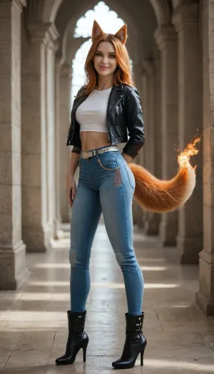 Fox girl, woman, kitsune, fox ears and tail, long lush dark orange hair, seductive, beautiful, aesthetic, pretty, high detail, high resolution, black leather jacket, white top, light blue tight jeans, jeans with chains, silver belt, black overknee heeled boots, look, red manicure, female body aesthetics, posing, emphasis on heels, legs facing the camera, across frame, subdued lighting, evil smiling, standing, castle in the background, flaming golden sword