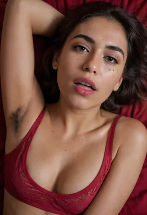 Indian, sharp facial features. High cheekbone, strong jawline, orgasm facial expression, freckles, dark eye shadow, wearing skimpy sleeveless shirt, dark hairy armpits, <lora:HAv2.0beta1:.8>, she is lying on a red bed, seductive, lust, Open mouth. POV from top of her. Close up.