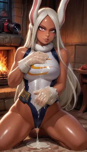 (reiq art style), (anime art style), (anime), (mirko from my hero academia:1.5), (white hair), (dark-skinned female:1.7), (ark skin), (red eyes), (tight wet my hero academia costumes), (hero poses in front of the camera:1.3), one. 1girl, solo, alone, sexy and busty body, big breasts, (muscular body), defined muscles, figure, perfect breasts, perfect round ass, defined body muscles, leg muscles, defined arm muscles, beautiful face, horny, feeling pleasure, ((room), (party), (nighttime), (one fireplace)), (by a window in the back), (sweaty body), (big thick white cum dripping off hands:1.5), (big thick white cum dripping off hole body:1.5), (heat body), (big cream white cum dripping off costumes:1.1), A masterpiece of the highest quality, the work of a real master, bouncing breasts, bouncing ass, seductive, seductive eyes, steam, sweat, front full body view, <lora:hentai_anime_style_xl_v1:1>, <lora:SDXLHighDetail_v6-000005:1>, <lora:ahegao_sdxl_v4:1>