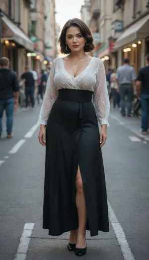 35 year old milf, standing on the street, woman fully clothed, riot in the background