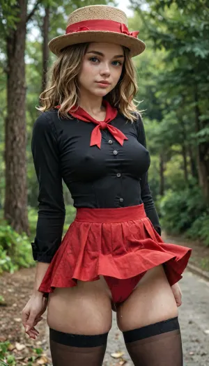 Serena from pokemon, serena from pokemon costume, hat, red skirt, thigh highs, winking, fully clothed, erect nipples under clothes, long sleeves, thick thighs, cameltoe, panties, pussy juice, muscular female, highly detailed face, Twine, Side view, <lora:detailed_notrigger:2>, <lora:LCMTurboMix_Euler_A_fix:.8>