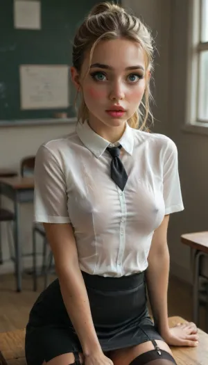 (((young))), (18 yo:1.3), (eyes wide open, big lips), (surprise face:1.3), (mouth opened), (big black long eyelashes), (erected nipples:.7), (blushing:1.4), (black pencil micro skirt:1.5), (narrow waist:1.3), ((black wet stockings with garters:1.3)), blonde ponytail, (portrait view:1.5), slutty clothes, slim hourglass body, (side view), ((big hanging perky tits:1.2)), (athletic body:1.6), horny face, attractive body, (black makeup:1), (blue eyes), (into the classroom), (big perky boobs:1.5), (view from side:1.3), (oiled skin:1.6), (wet skin:1.3), (black short tie), ((white tight work shirt:1.5)), skinny, perfect skin, beautiful face, ultra high details, hdr, natural tits, (sitting on the chair), toned body, vivid colors, Stable-Yogis-Makeup-Enhancer-XL, detailxl, detailed eyes, movie, still, film, cinematic, shot, lighting, macro, 35mm, ((chiaroscuro lighting:1.4)), <lora:DetailedEyes_V3:2>, <lora:AdvancedEnhancerXLv2:2>, <lora:style_lora_realis:2>