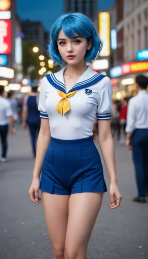 1 Girl, (25 Years old, FULL BODY, Clonated face), (Medium breasts, Neat figure, Brunette skin), (Big lue eyes, Innocent look), (Short hair, Bob cut, Blue hair), ., (EXTREM LONG SHOT, FULL BODY, FROM HEAD TO TOE), (sailor uniform, Sailor Mercury style), (on a crowded street)