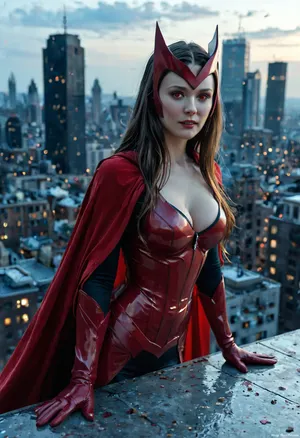 beautiful female superheroine, (Scarlet Witch:1.5), (Marvel comics), cleavage, expressive determined eyes, detailed fabric textures with realistic stitching and subtle wear, standing on the edge of a city rooftop at night, soft moonlight reflecting off nearby glass buildings, dynamic heroic stance, faint wind moving hair and suit fabric, cinematic lighting, ultra-realistic photography, depth of field, sharp focus, lifelike skin texture, 8k RAW detail, subtle film grain, grounded superhero realism, High, Resolution, More, Details, 8K, but, <lora:MJ52:.8>, <lora:add-detail-xl:.8>, <lora:BUT_SDXL_SHS:.3>