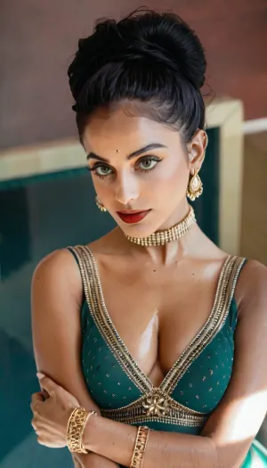 A luxurious indoor traditional fashion portrait of a 20-year-old Indian woman with warm medium-tan skin and jet-black hair styled in an elegant, intricate updo with soft curls framing her face. She has striking almond-shaped dark eyes enhanced with bold traditional eye makeup, perfectly arched brows, deep red lipstick, and a composed, regal facial expression with a direct gaze toward the camera.

She is wearing a richly embroidered traditional Indian saree ensemble, a deep emerald-green blouse with a plunging neckline and ornate gold embroidery, paired with a green and orange saree featuring heavy gold threadwork and intricate floral patterns. The fabrics are opulent, with silk textures and detailed craftsmanship.

She is adorned with elaborate traditional Indian jewelry, including a gold maang tikka with green stones, a statement gold choker necklace layered with a longer necklace, large jhumka earrings, a decorative nose ring with a chain, multiple gold and green bangles, ornate rings, and a matching bracelet.

Her pose is graceful and composed, standing with arms gently crossed at the waist, shoulders relaxed, posture upright, conveying elegance and confidence.

The background is an indoor setting with dark wooden paneling, softly blurred to create depth and contrast with the vibrant attire.

Lighting is warm and dramatic, highlighting facial features, jewelry shine, and fabric texture. Shot in ultra-high resolution, sharp focus, luxury Indian bridal fashion editorial style, realistic skin texture, clean composition, no text, no watermark.