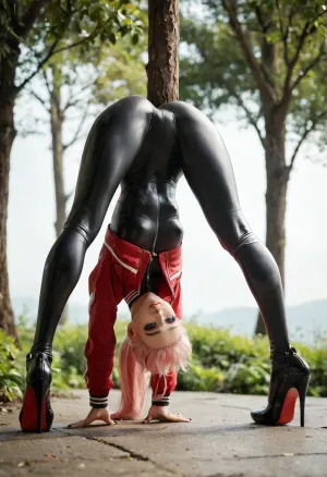 score_9, score_8_up, score_7_up, twen_female, skinny, fit_body, beautyful, young_face, 1woman, breasts, solo, ass, cropped_jacket, jacket, long ponytail, (((headstand, angled legs))), outdoors, small_breasts, long_hair, multicolored_hair, white_hair, lips, bodysuit, black_bodysuit, open_clothes, open_jacket, jewelry, Light blue_eyes, skin_tight, gradient_hair, bangs, makeup, looking_back, red_jacket, high heels, black_footwear, nail_polish, shoes, black_nails, pink_hair, from_behind, shiny_clothes, leather, tree