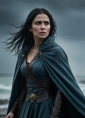 A fierce storm warrior woman standing in the heart of a raging tempest, long black hair violently flowing in the wind, rain and mist cutting through the air. Lightning cracks behind her, illuminating her intense, determined eyes and subtle battle scars on her face. She wears a dark, flowing cloak soaked by rain, fabric whipping dramatically around her. Cinematic dark fantasy atmosphere, ultra-realistic details, dramatic lighting, high contrast, cold blue and teal color palette, slow-motion rain particles, powerful emotional expression, epic movie poster composition, shallow depth of field, volumetric fog, 8K resolution, hyper-detailed, photorealistic, Unreal Engine, cinematic realism.