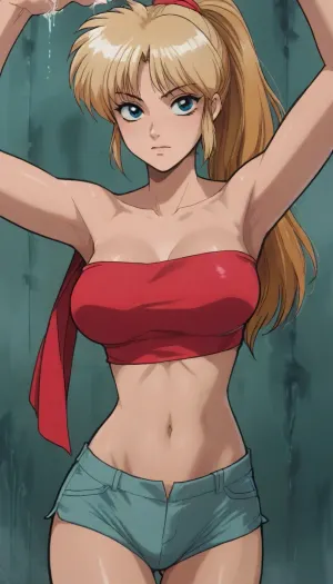 (Markgavatino style), reiq style, 1woman, blonde hair, tied hair up ponytail, ((big breasts)), boobies bulging out top, wearing a tight pink tube top and red micro shorts, dynamic pose, ratatatat74, kinomoto, sakura, daidouji, tomoyo, Li, Syaoran, Meiling, kero, Inuyasha, Higurashi, Kagome, Sesshoumaru, Kikyo, ranma-chan, shampoo, (ranma, 1/2), lum, <lora:ratatatat74-000050:1.1>, <lora:mk_Bp Anime_xl:.9>, <lora:Card Captor Sakura Anime_XL:1.9>, <lora:Takahashi Rumiko_XL:1.8>, <lora:NEOTOKIOXL_0.2_RC:.7>