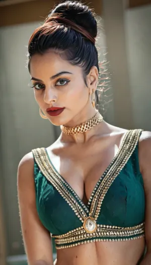 A luxurious indoor traditional fashion portrait of a 20-year-old Indian woman with warm medium-tan skin and jet-black hair styled in an elegant, intricate updo with soft curls framing her face. She has striking almond-shaped dark eyes enhanced with bold traditional eye makeup, perfectly arched brows, deep red lipstick, and a composed, regal facial expression with a direct gaze toward the camera.

She is wearing a richly embroidered traditional Indian saree ensemble, a deep emerald-green blouse with a plunging neckline and ornate gold embroidery, paired with a green and orange saree featuring heavy gold threadwork and intricate floral patterns. The fabrics are opulent, with silk textures and detailed craftsmanship.

She is adorned with elaborate traditional Indian jewelry, including a gold maang tikka with green stones, a statement gold choker necklace layered with a longer necklace, large jhumka earrings, a decorative nose ring with a chain, multiple gold and green bangles, ornate rings, and a matching bracelet.

Her pose is graceful and composed, standing with arms gently crossed at the waist, shoulders relaxed, posture upright, conveying elegance and confidence.

The background is an indoor setting with dark wooden paneling, softly blurred to create depth and contrast with the vibrant attire.

Lighting is warm and dramatic, highlighting facial features, jewelry shine, and fabric texture. Shot in ultra-high resolution, sharp focus, luxury Indian bridal fashion editorial style, realistic skin texture, clean composition, no text, no watermark.