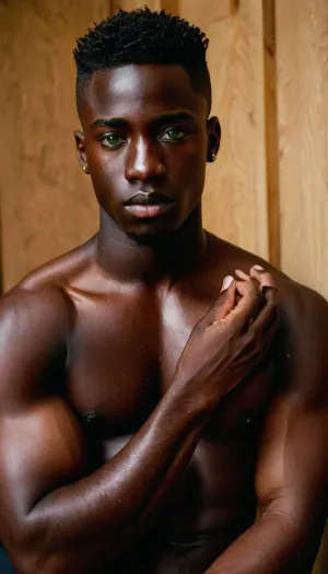 African American male, (black skin:1.4), 18, extremely handsome, green eyes, tapered fade, putting 13 inch penis, large penis, huge penis inside of an 18 young African American twink, on his hands and needs, is suck the muscular mans dick as his look at the twink with masculine sensual eyes in approval.