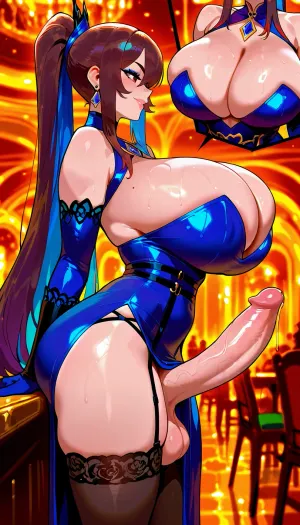 ((Queen of clubs)), (futanari:1.5), (Reiq style:.8), masterpiece, crowded casino, (futanari), (very full lips), dark blue long dress stretched by her chest, (huge breasts:1.5), (huge cleavage:1.4), dark blue long lacey gloves, (blue sleek hair in ponytail, blue streaks), dark brown hair, pornstar eyeshadow, blue iris, (slim waist), (black garterbelts, black stockings), (((BIG TITS))), (huge cock:1.2), (balls), her smile is warm and inviting, her eyes sparkling with joy, side view, close up