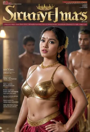 ((sweaty wet oiled skin)), (short Filipino curvy woman with wavy tied hair wearing traditional ancient historic Ramayana outfit in erotic epic royal palace setting), with clothed Indian and african men and women holding her at night sweating a lot and getting wet in rain, raining atmosphere, (uneven skin tone), ((jewelries magazine title cover page, sweaty wet skin edition)), ((romance photot pose with male 19 year old fans edition, sideview))